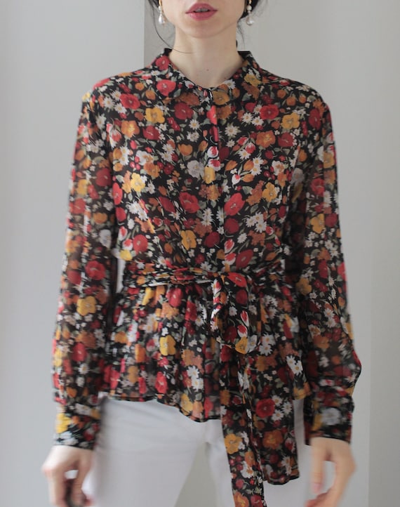 Vintage flowers silk chiffon blouse - image 2