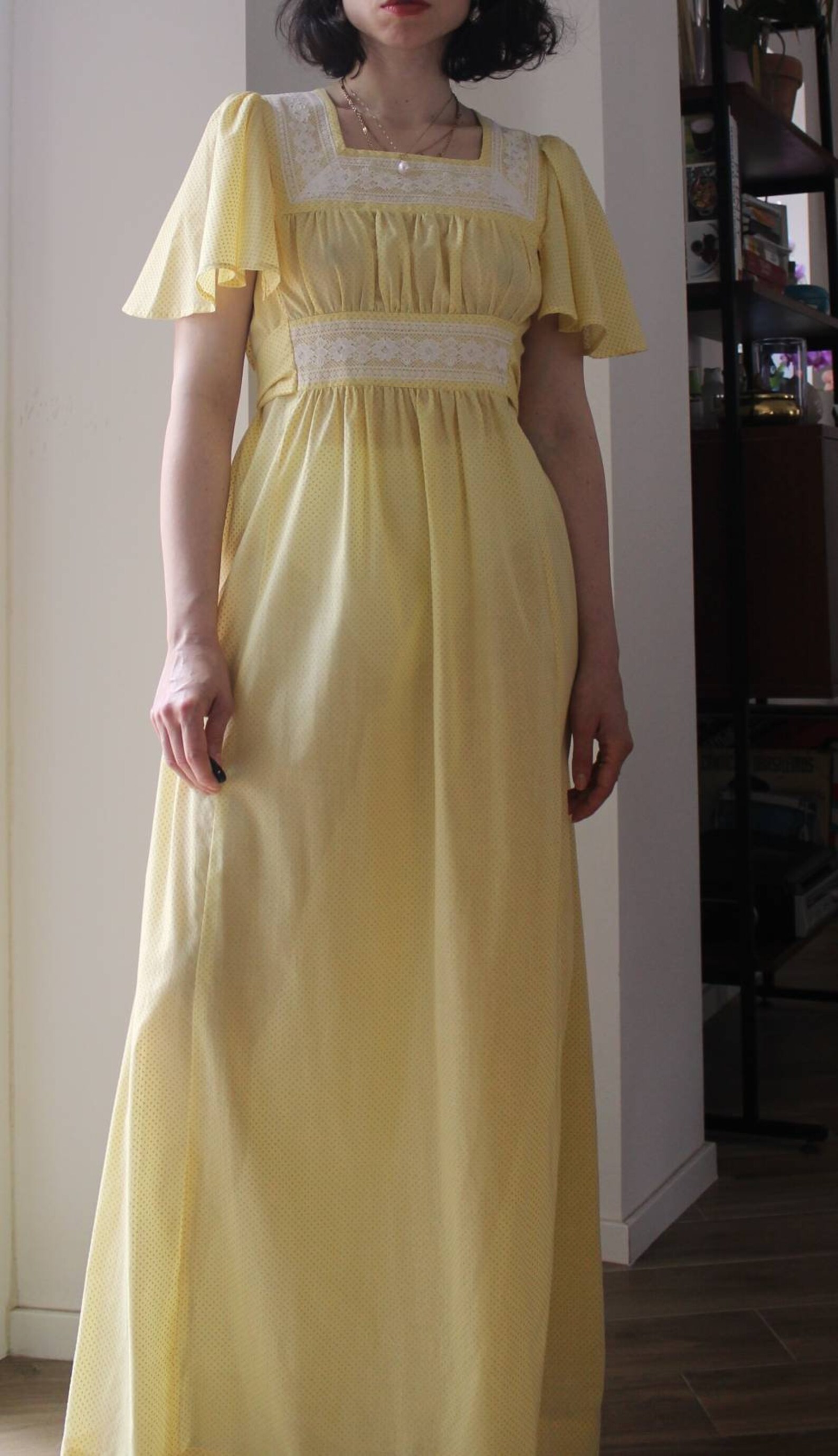 Vintage French Yellow Crew Neck Tee Length A-Line Cotton Dress