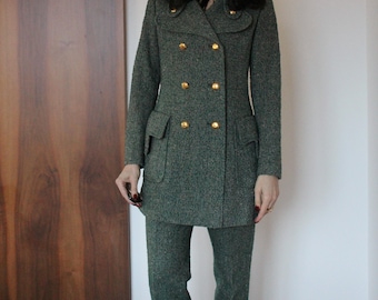 Vintage 70s Wool Tweed Pant Suit: Double-Breasted Jacket, Flared Trousers