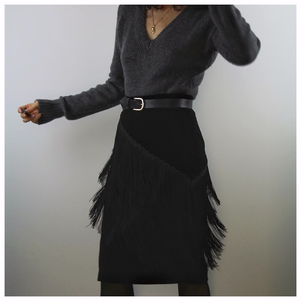 Vintage 90s velvet fringed pencil skirt