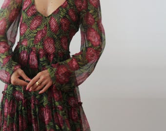 Vintage pure silk flowers midi dress with wide  sleeves