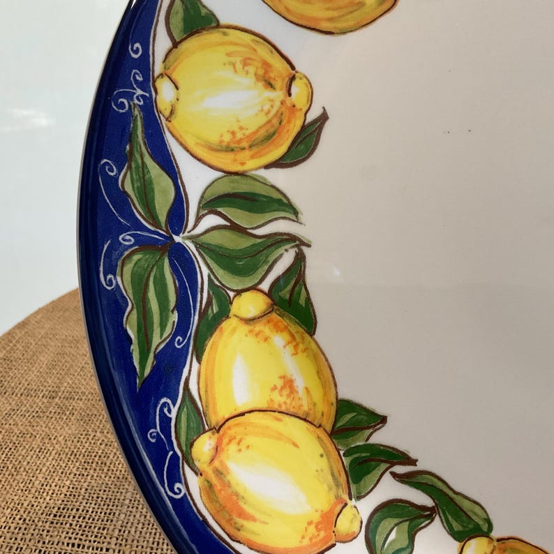 Puede incluir: Plato de cer&aacute;mica blanco con un dise&ntilde;o pintado a mano de limones amarillos y hojas verdes. El plato tiene un borde azul con remolinos decorativos. Los limones est&aacute;n agrupados con hojas verdes sobre un fondo blanco.