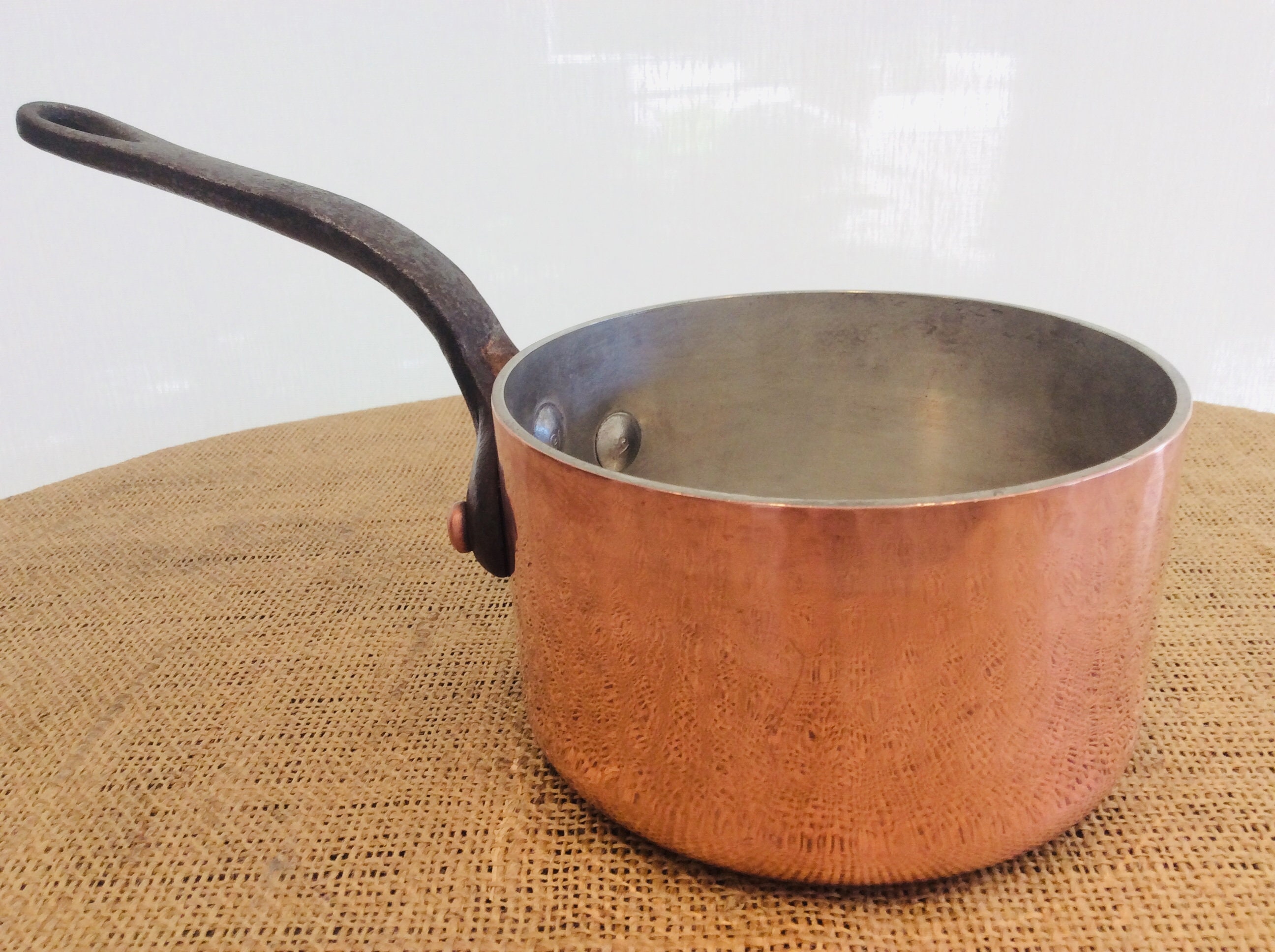 French Farmhouse Vintage Solid Hammered Copper Sauce Pot, Lamalle