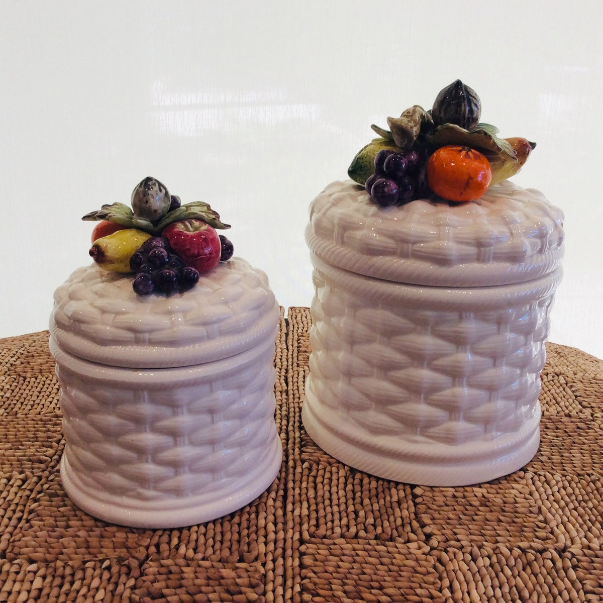 White Basket Weave Ceramic Canisters set of 4 With Fruit Topped Lids see Fedex Shipping Rates in the Description. - Etsy