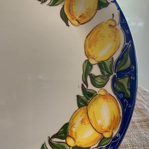 Puede incluir: Plato de cer&aacute;mica blanca con borde azul, adornado con limones amarillos y hojas verdes pintados a mano. El dise&ntilde;o presenta una est&eacute;tica veraniega vibrante, perfecto para servir alimentos o como pieza decorativa.
