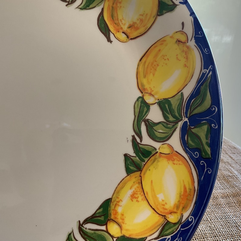 Puede incluir: Plato de cer&aacute;mica blanca con borde azul, adornado con limones amarillos y hojas verdes pintados a mano. El dise&ntilde;o presenta una est&eacute;tica veraniega vibrante, perfecto para servir alimentos o como pieza decorativa.