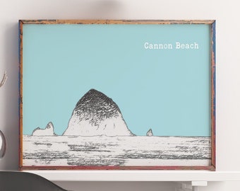 Cannon Beach Oregon Vintage Design Minimalist Art Print - Oregon Coast Art - Cannon Beach Art- Haystack Rock