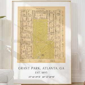 Carte vintage 1930 de Grant Park, Atlanta, Géorgie avec coordonnées GPS Impression d'art typographie téléchargeable minimaliste - 61 x 36 cm