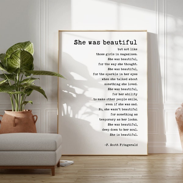 She was beautiful But Not Like Those Girls in Magazines by F. Scott Fitzgerald Quote Printable Wall Art - Downloadable Typography Print