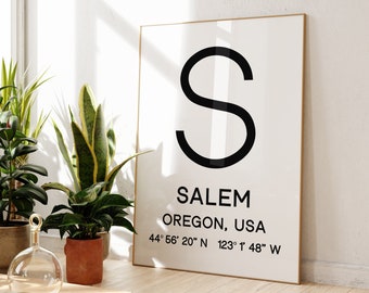 Salem, Oregon with GPS Coordinates Typography Art Print - Travel Home Minimalist Wall Decor - Gift - State Capitol