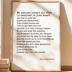 Cita de Rainer Maria Rilke: Sé paciente con todo lo que no está resuelto en tu corazón. Arte mural imprimible - Arte mural descargable