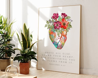 Proverbs 4:23 - Above all else, guard your heart, for everything you do flows from it. Typography Art Print with Heart Flowers