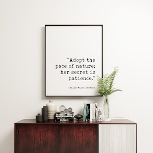 K&ouml;nnte beinhalten: Ein schwarzer gerahmter Druck mit wei&szlig;em Hintergrund und schwarzem Text, der lautet "Adopt the pace of nature: her secret is patience." Das Zitat wird Ralph Waldo Emerson zugeschrieben. Der Druck steht auf einem Holzschrank mit wei&szlig;er Oberseite. Auf dem Schrank stehen B&uuml;cher, Vasen und andere Dekorationsgegenst&auml;nde.