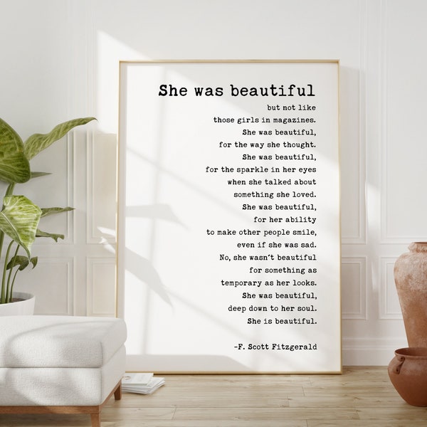 She was beautiful But Not Like Those Girls in Magazines by F. Scott Fitzgerald Quote Typography Print - Wall Decor - Minimalist Decor