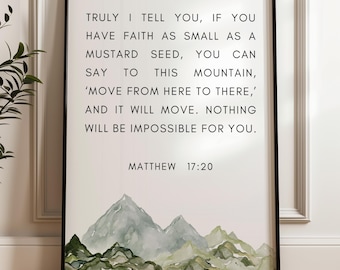 Matthieu 17:20 « La foi aussi petite qu’une graine de moutarde » - Illustration de montagnes à l’aquarelle, verset biblique