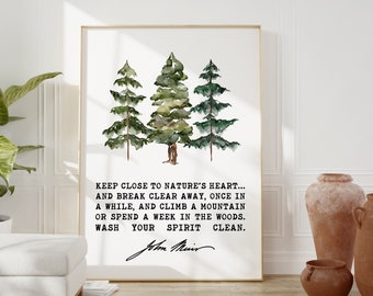 John Muir Quote - Keep close to Nature's heart .. climb a mountain or spend a week in the woods. Art Print - Watercolor Trees - Nature Lover