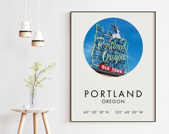 Portland Oregon Print with White Stag Sign and GPS Coordinates - Portland Oregon Wall Art - Portland Oregon Sign - Portland Art Print