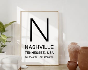 Nashville Tennessee with GPS Coordinates Typography Print,  Home Wall Decor - Minimalist Decor - Office Decor - Living Room - Dorm Decor