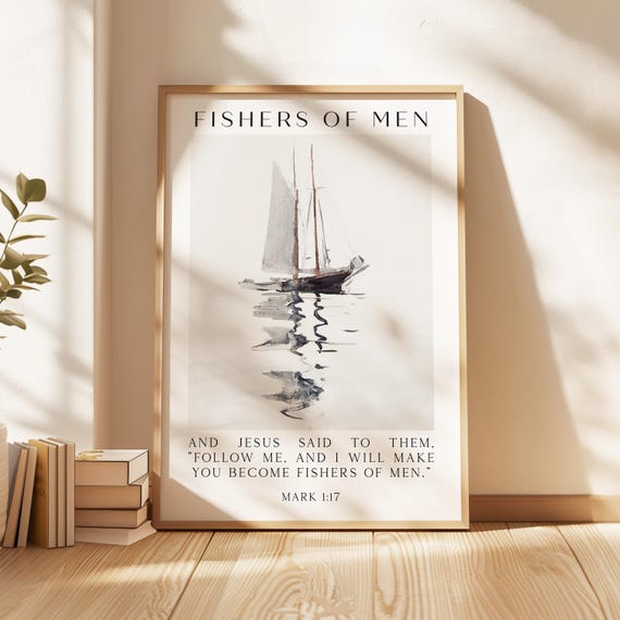 Fishers of Men Wall Art – Mark 1:17 Scripture Print – Christian Nautical Typography Artwork for Home & Church Décor