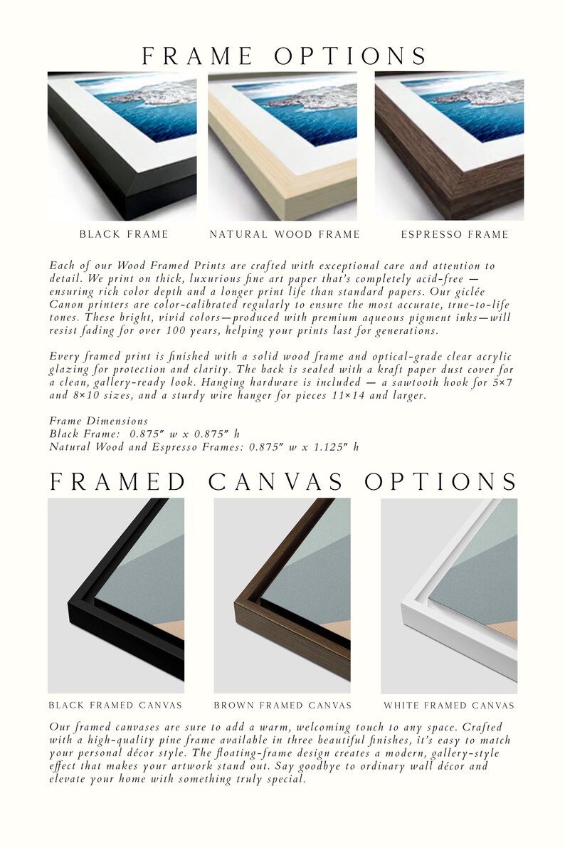The image is a collage of three framed canvas options, each showcasing a different type of frame and canvas. The options include a black wood frame, a natural wood frame, and an espresso frame. The black framed canvas option features a brown wood frame, a white framed canvas option, and a brown framed canvas option. The natural wood frame option is a white framed canvas option, and the espresso frame option is a black framed canvas option.