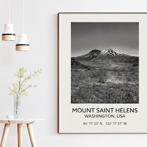 Mount Saint Helens Washington USA with GPS Coordinates Black & White Photography Art Print - Travel - Hiking - Nature - Wildflowers
