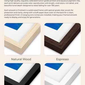 The image is a collage of four framed art prints, each with a different color and finish, including natural wood, espresso, black, and white.