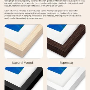 The image is a collage of four framed art prints, each with a different color and finish, including natural wood, espresso, black, and white.