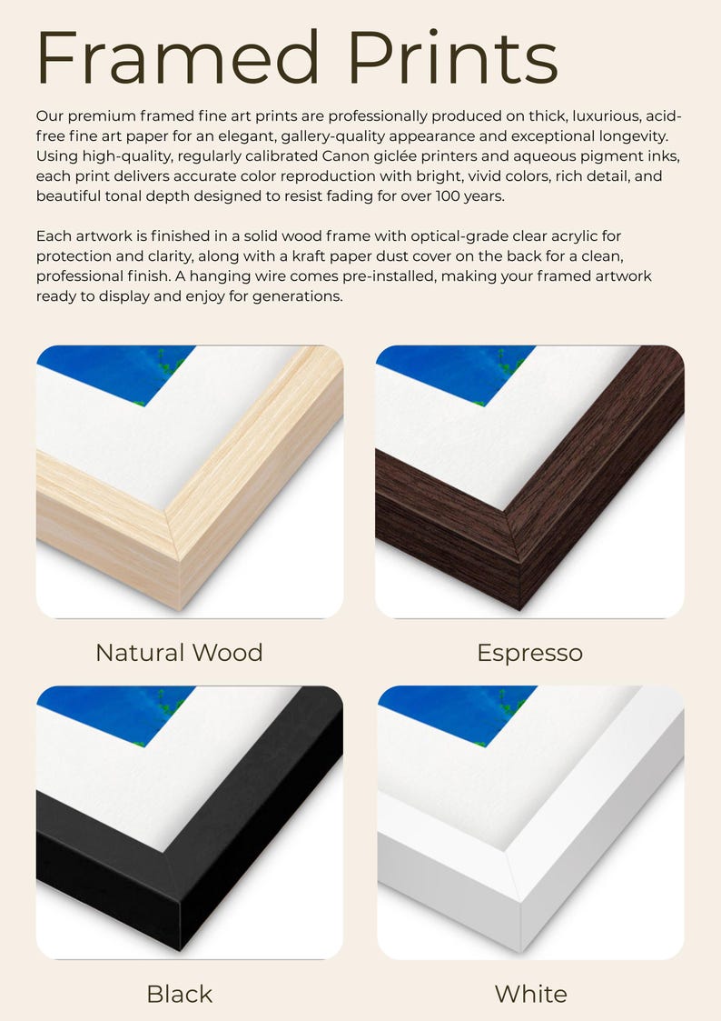 The image is a collage of four framed art prints, each with a different color and finish, including natural wood, espresso, black, and white.