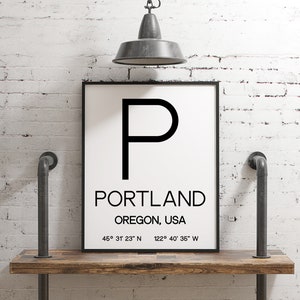 Impression d&#39;art mural téléchargeable Portland Oregon avec coordonnées GPS - Art mural PDX - Portland Oregon - bureau - salon - décoration de dortoir