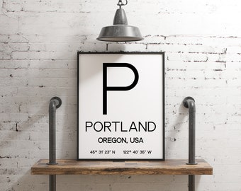 Portland Oregon with GPS Coordinates Downloadable Wall Art Print - PDX Wall Art - Portland Oregon - Office - Living Room - Dorm Decor