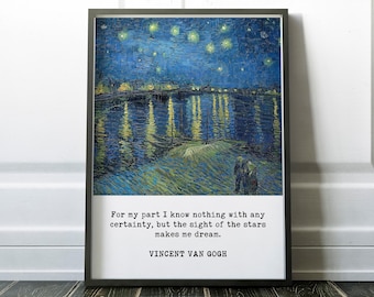 Van Gogh Print - For my part I know nothing with any certainty.... makes me Dream - Starry Night over the Rhone, Van Gogh Quote Print Art