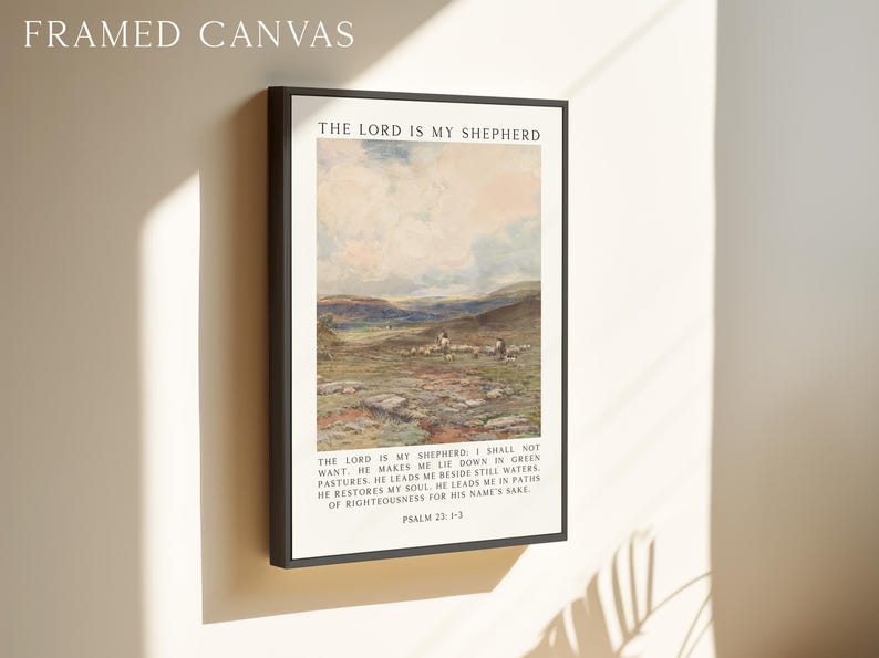 May include: Framed canvas art print featuring a pastoral landscape with sheep and the text "THE LORD IS MY SHEPHERD." The artwork includes text from Psalm 23:1-3, set in a black frame.