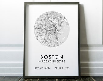 Boston Massachusetts City Street Map with GPS Coordinates Art Print - Office - Home Decor - Restaurant - Apartment - Condo - Typography