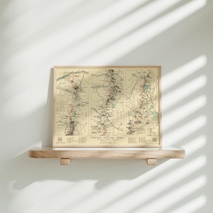 May include: A framed vintage-style map titled Oregon Skyline Trail Pacific Crest System Oregon No. 86. The map features a cream-colored background with detailed black and red topographical lines, trail markers, and text labels across three vertical panels.