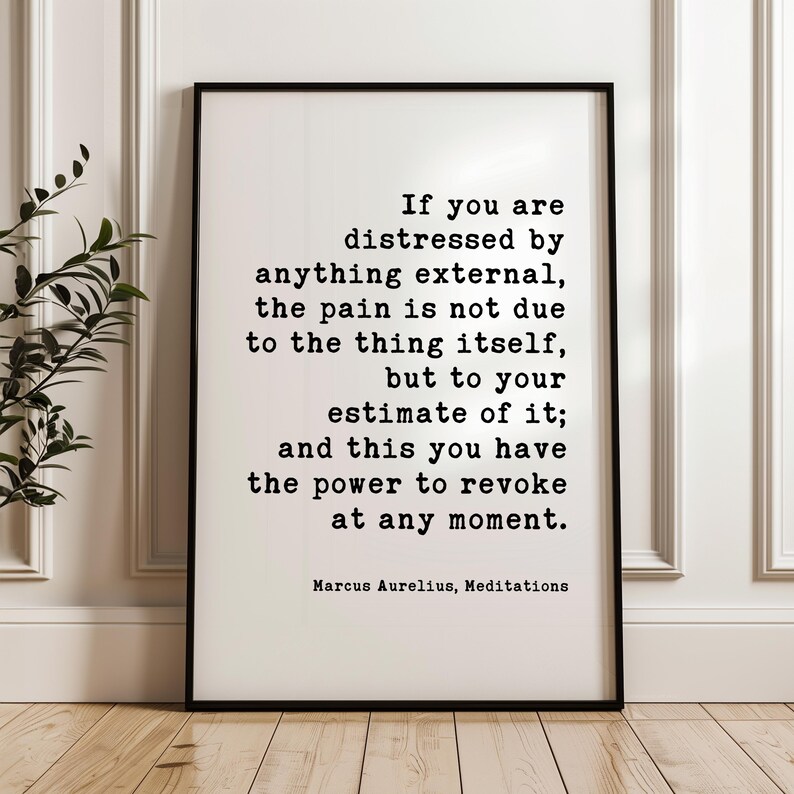 May include: A framed print with a black border, featuring a quote by Marcus Aurelius. The text, in a classic font, reads: "If you are distressed by anything external..." The print is displayed against a white wall and wooden floor.