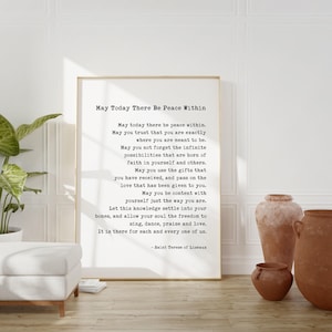 May include: A vertical rectangular wall art print featuring black typewriter-style text on a white background. The text reads: May Today There Be Peace Within, followed by a poem and the attribution - Saint Terese of Liseaux.