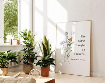 Ralph Waldo Emerson Quote,  The earth laughs in flowers. Typography Art Print with Wildflowers - Inspiration (1846)
