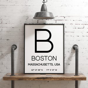 Boston Massachusetts with GPS Coordinates Art Print - Office - Home Decor - Restaurant - Apartment - Condo - Typography