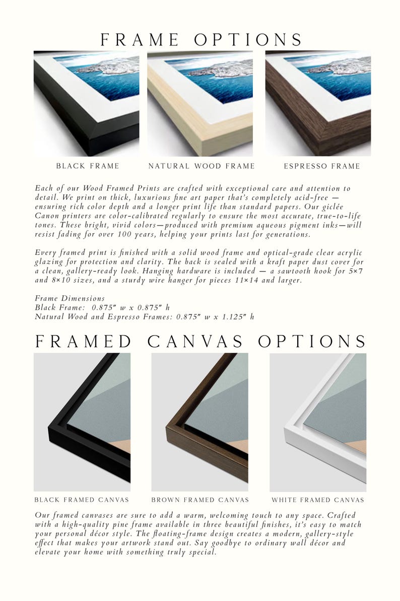 The image is a collage of three framed canvas options, each showcasing a different type of frame and canvas. The options include a black wood frame, a natural wood frame, and an espresso frame. The black framed canvas option features a brown wood frame, a white framed canvas option, and a brown framed canvas option. The natural wood frame option is a white framed canvas option, and the espresso frame option is a black framed canvas option.