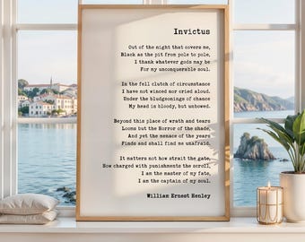 May include: A rectangular framed wall art print featuring the poem Invictus by William Ernest Henley in black typewriter-style font on a cream background. The text is clearly legible, centered, and presented in a clean, minimalist layout.