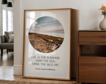 Live in the sunshine, swim the sea, drink the wild air.,  Ralph Waldo Emerson Quote,  Oregon Coast,  Typography Art Print (1860)