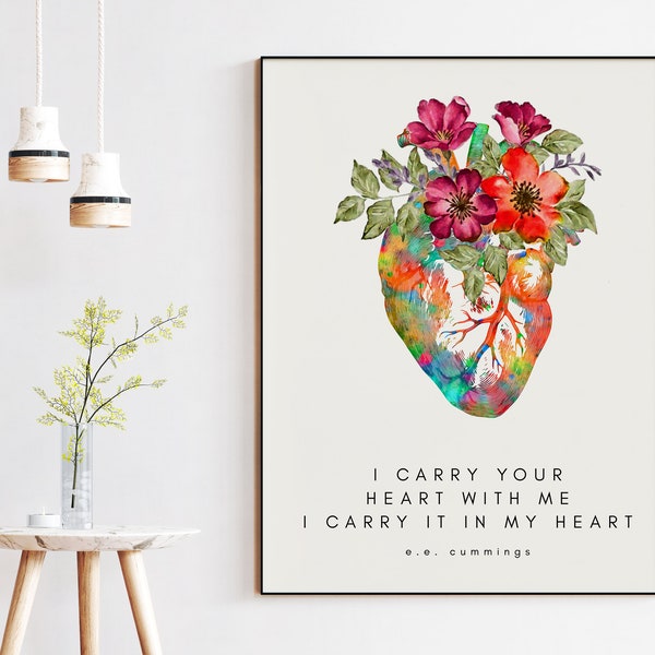 I Carry Your Heart I Carry It In My Heart - E.E. Cummings Poem with Heart Flowers Printable Wall Art - Downloadable - Love Poem - Wedding
