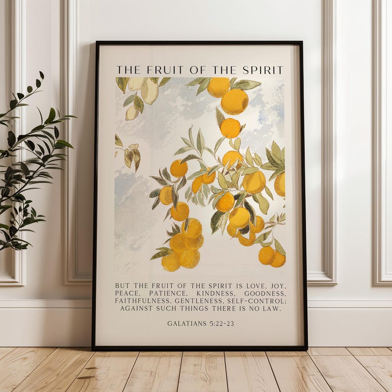 Fruto del Espíritu: amor, gozo, paz, paciencia, bondad. Gálatas 5:22-23. Lámina artística. imagen 5