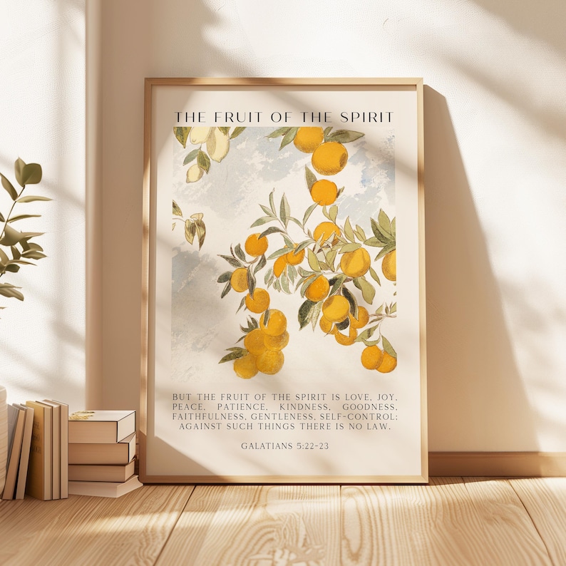 Fruto del Espíritu: amor, gozo, paz, paciencia, bondad. Gálatas 5:22-23. Lámina artística. imagen 1