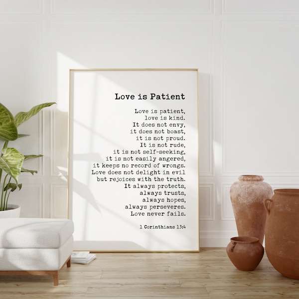 Love is Patient, Love is Kind. 1 Corinthians 13:4-8 Art Print - Religious Scripture - Wedding Gift - Bible Verse - Anniversary