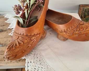 Sweet Vintage Pair of Clogs solid wood shoes/Hand curved /Collectible Tabletop Decor/French Countryside