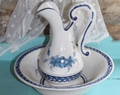 Large White Blue Ceramic Set French Antique Faience Dressing Table Bathroom Vase Pitcher Bowl Two Pieces Ironstone Home Decor