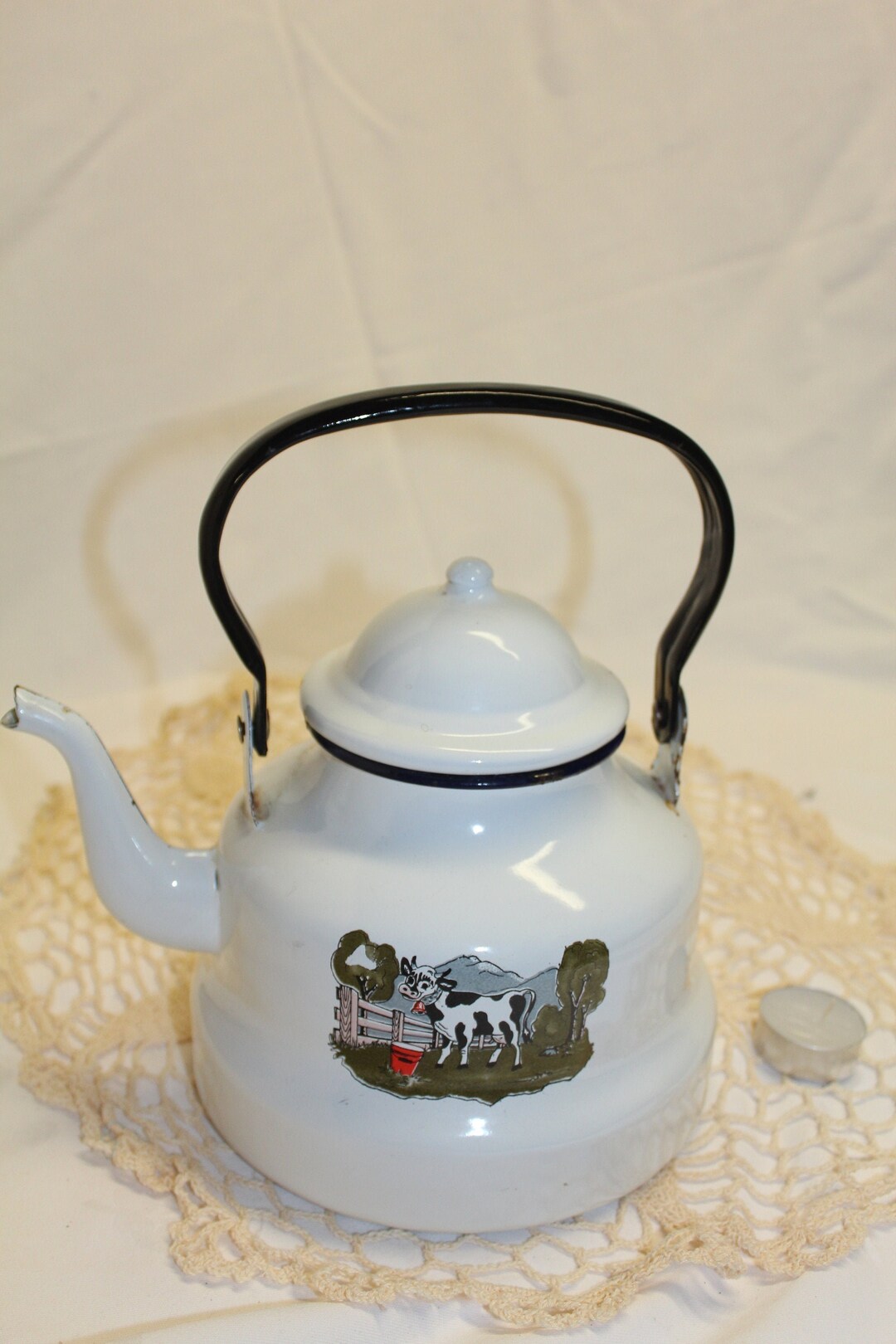 Vintage French White Kettle With Goos Nose/dome Cover/ Cow Etsy