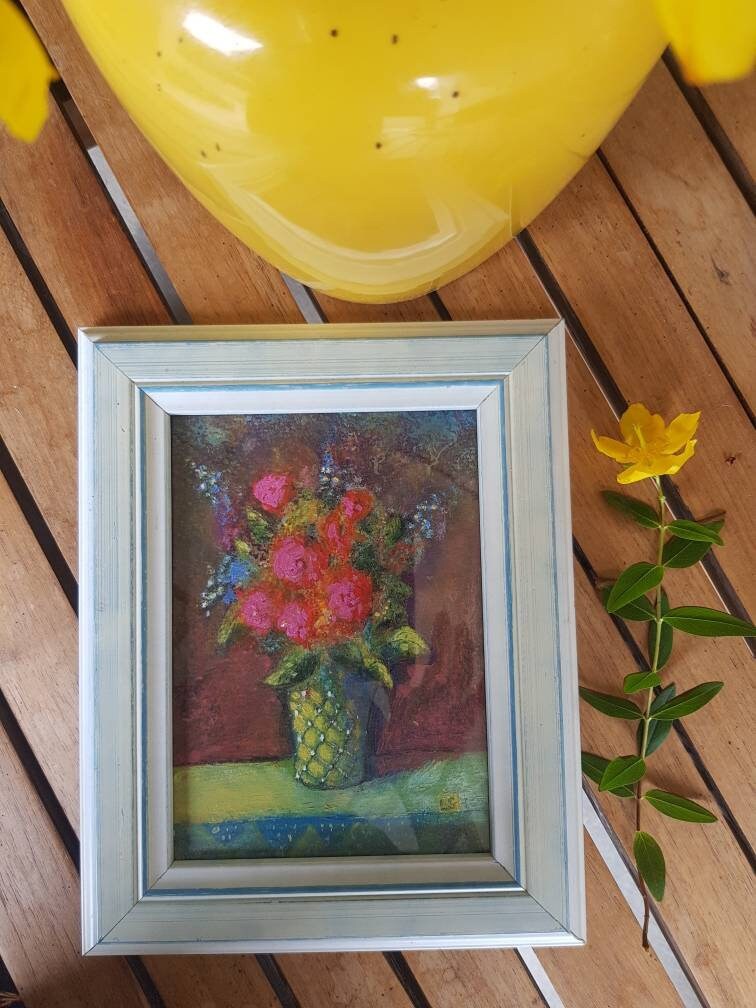 Peinture Originale Huile/Cadre en Verre Vintage Minable Jolies Fleurs Œuvre d'art Jardinière Cadeau 