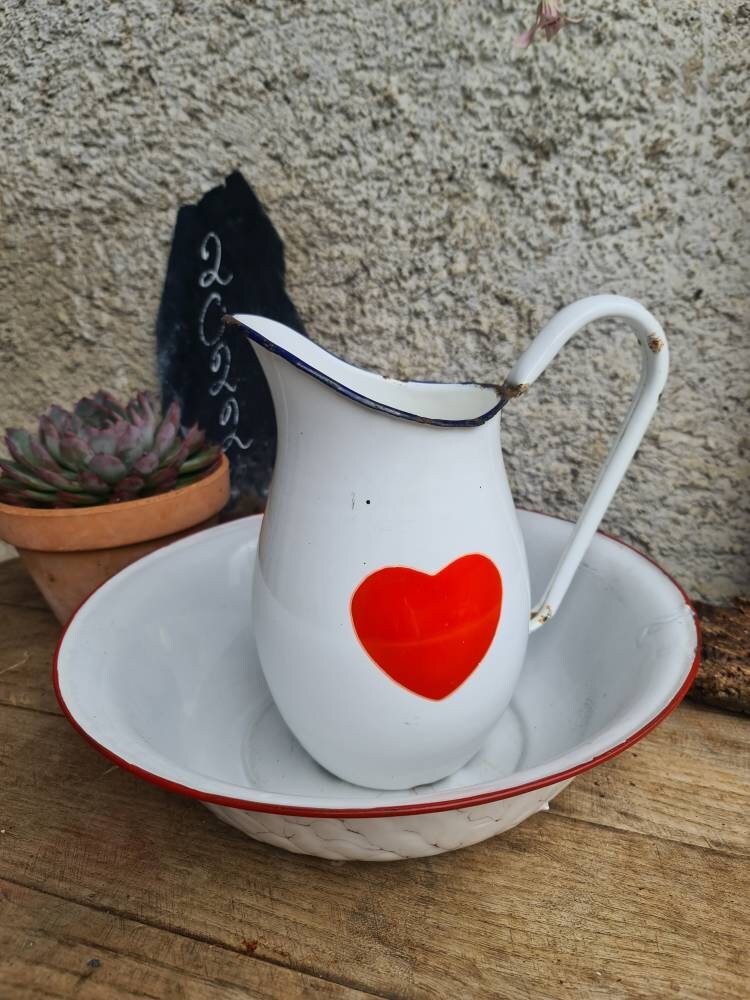 Authentique Vintage Français Rustique Émail Blanc Broc/Vase Pichet et Bassin Village Garden Decor Re
